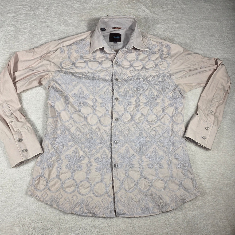 Roar Button Down Shirt Mens‎ Large Tan Y2K Embroidered Western Rockabilly SR222W
